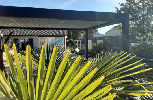 Ambiance ext&eacute;rieure avec pergola et palmiers