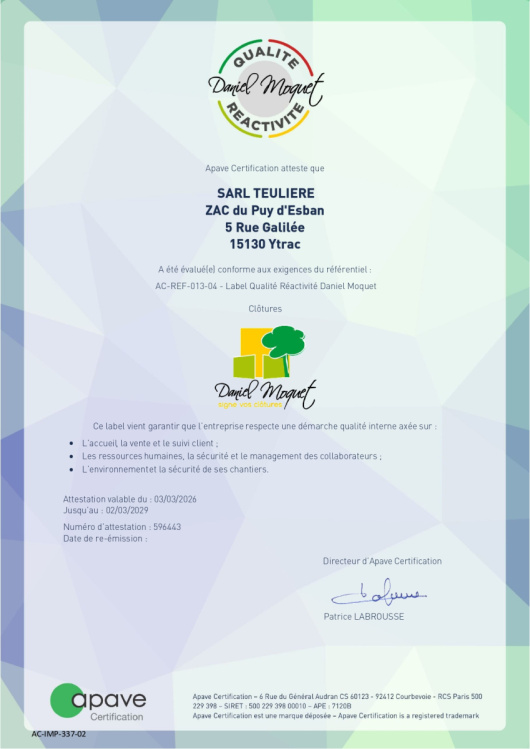 L'entreprise TEULIERE certifiée « Qualité Réactivité » !